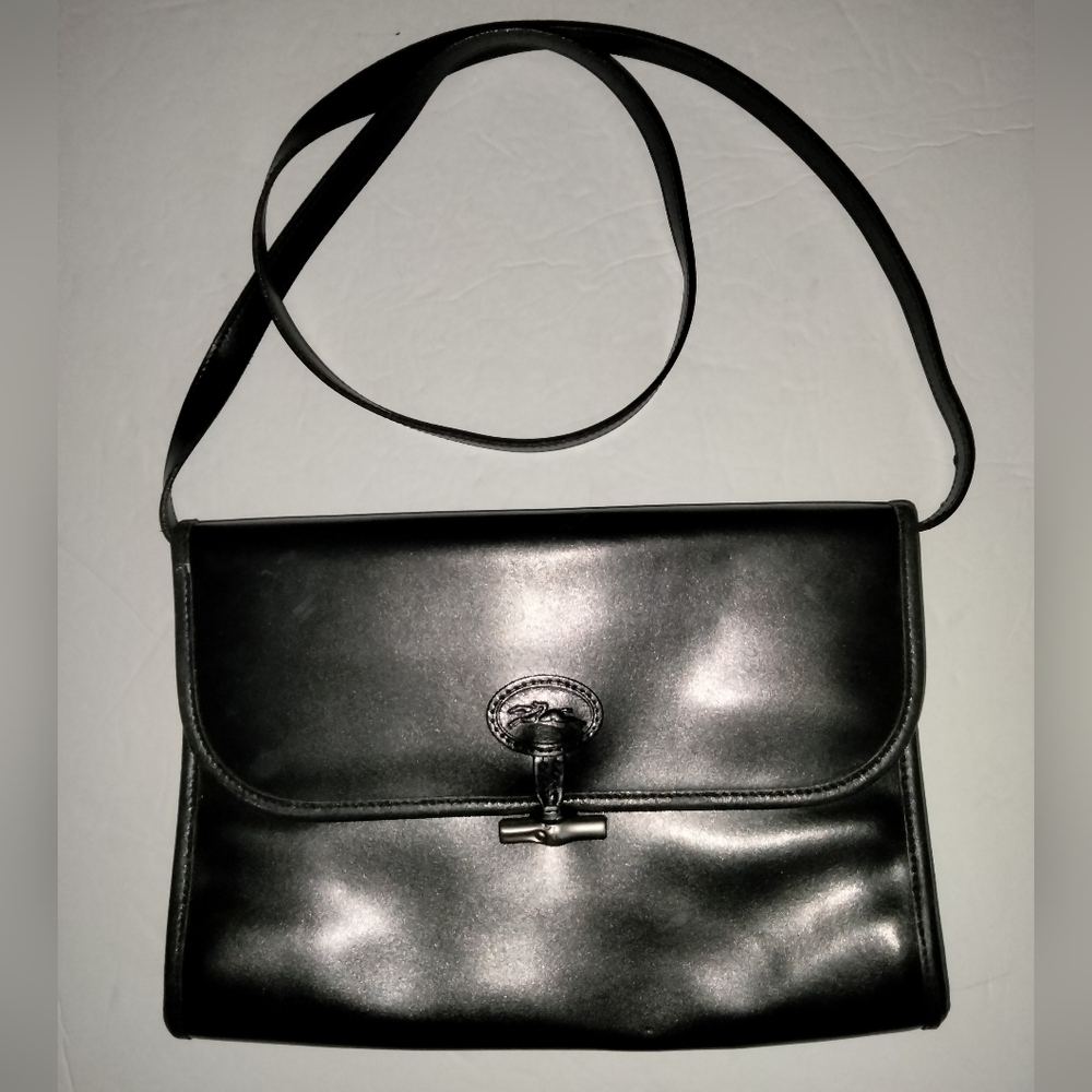 Longchamp Vintage Classic Black Leather Snap Button Crossbody Bag (#2549-03)